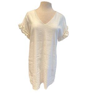 Womens V-Neck White Dress W/Ruffle Short Sleeves By Cremieux Size M